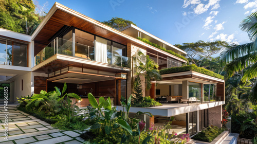 a modern luxury villa with many tropical plants
