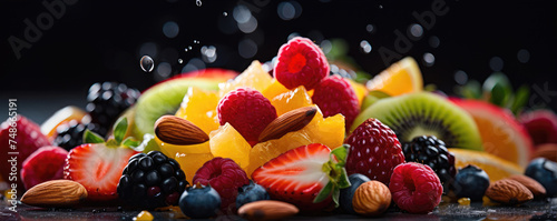 Close up photo of mix of fresh fruit and nuts, healthy food concept