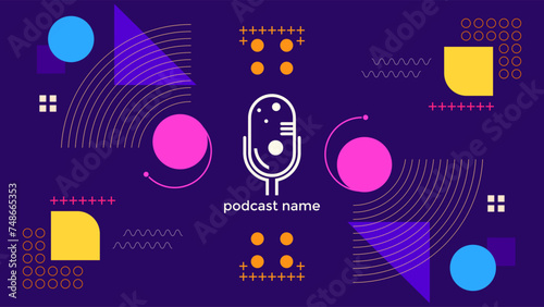 ABSTRACT TEMPLATE PODCAST MICROPHONE FLAT COLOR GEOMETRIC SHAPE MEMPHIS DESIGN PURPLE BACKGROUND VECTOR. GOOD FOR COVER DESIGN, BANNER, WEB,SOCIAL MEDIA