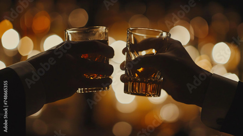 Closeup of two men clinking whiskey glasses.
