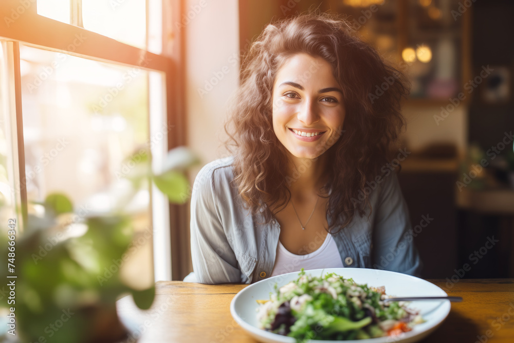 Smiling young woman enjoys healthy vegan food in restaurant. Pleased lady appreciates both taste and health-conscious choices in cafe Smiling young woman enjoys healthy vegan food in restaurant. Pleased lady appreciates both taste and health-conscious choices in cafe
