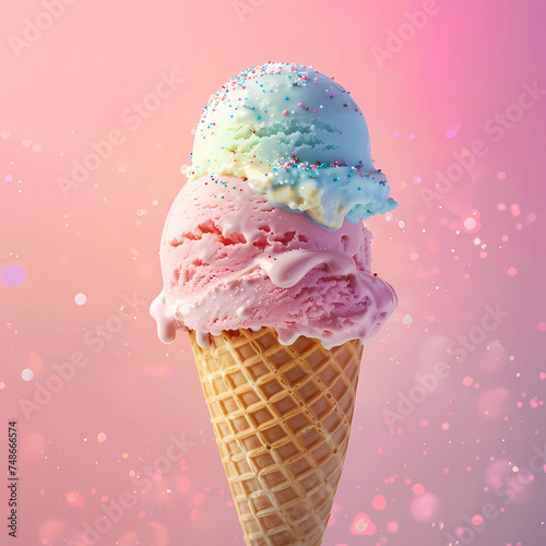 detailed photo of a ice creams in a cone on a pastel background, Italian ice cream, delicious, 
