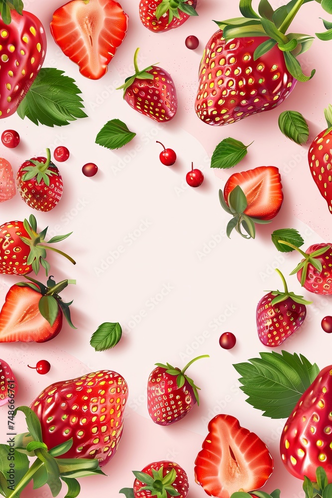 Juicy mockup background with strawberries on a white background in 3D style. Space available for text in the middle. Concept of taste, fruit, healthy eating.