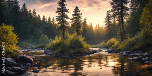 A vibrant sunset paints the sky above a tranquil forest river. Generative AI.