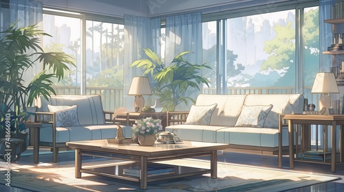 Retro living room with grey wall and bright light in anime illustration style