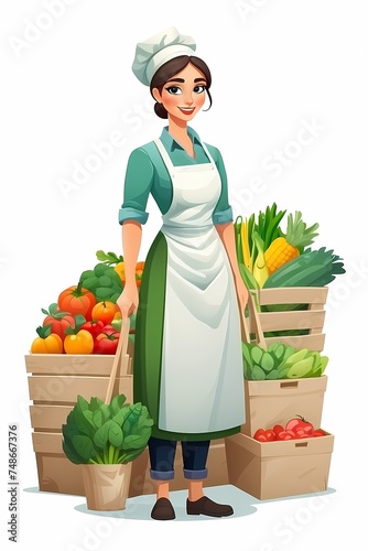 This extraordinary vector features a vibrant vegetable vendor character with rich colors and intricate details, perfect for projects related to vegetable sales, kitchen design, and similar endeavors. photo