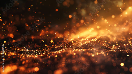 Glowing orange particles wave, abstract futuristic background.