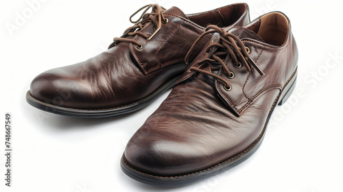 Dark brown leather shoes on white background.