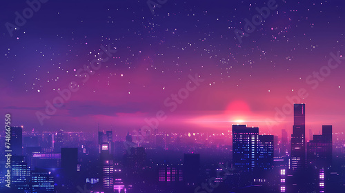 A beautiful cityscape with a purple sky and twinkling stars. The city is full of tall buildings and bright lights.