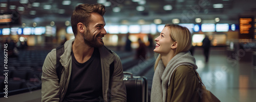 Happy young couple waiting on the airport, traveling to their vacation. Active lifestyle concept