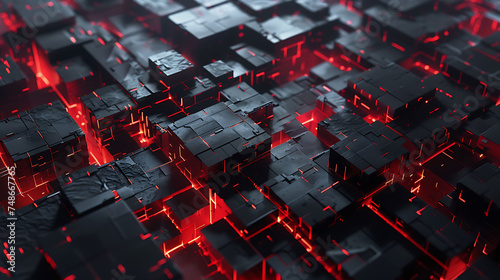 Abstract 3D rendering of a glowing red circuit board. Futuristic technology concept.
