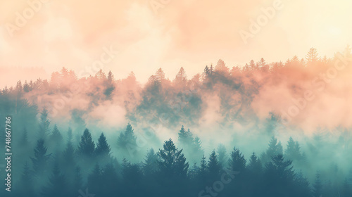 Foggy forest landscape with a hint of sunlight breaking through the trees. The image is soft and ethereal, with a dreamlike quality. photo
