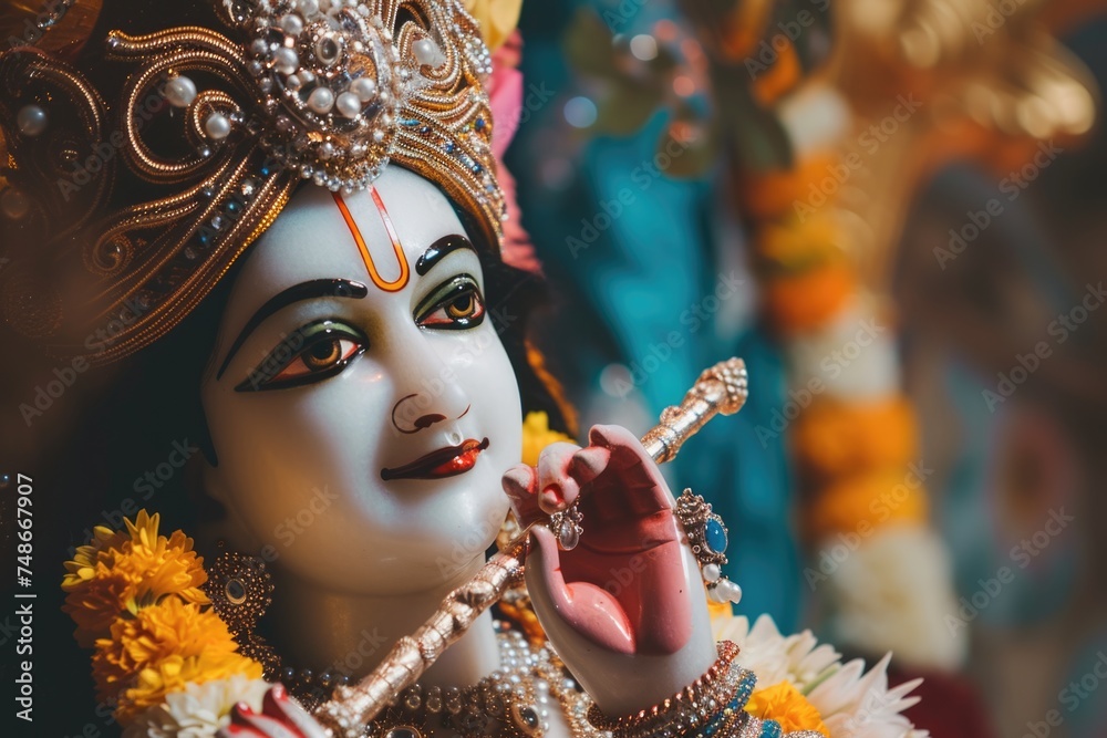 Hindu deity statue or ornament - Lord Krishna, Radha or another God - surrounded by flowers. Fictional Character Created By Generated By Generated AI.