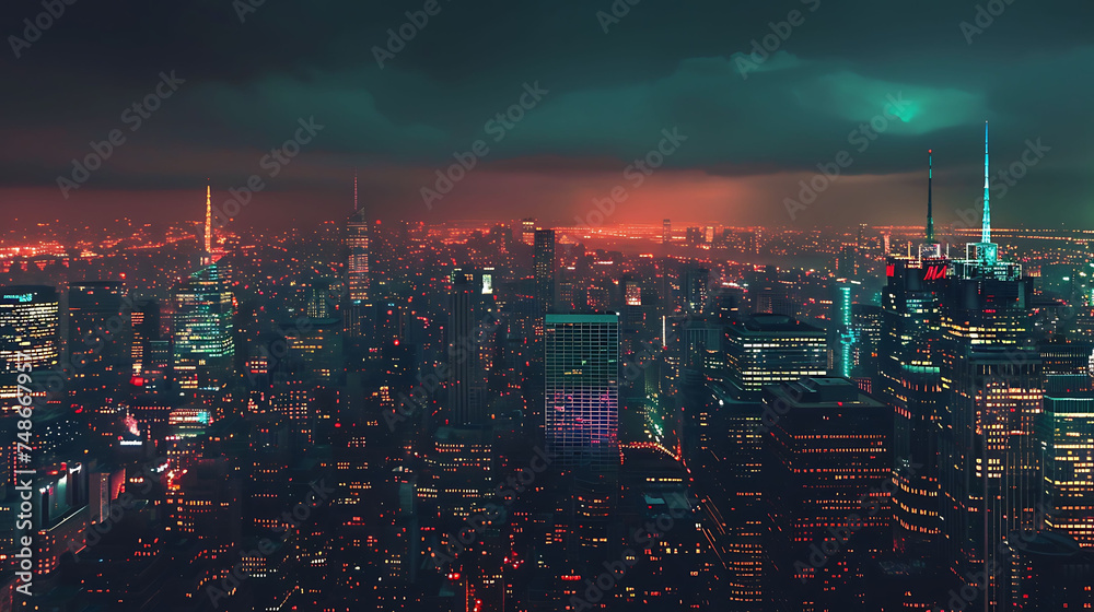 A stunning view of a modern city at night. The city is full of tall buildings, bright lights,  and busy streets. - obrazy, fototapety, plakaty 