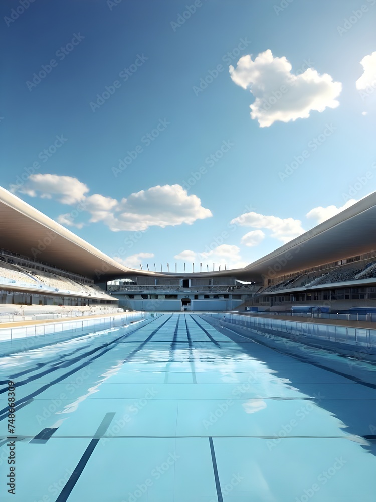 Fototapeta premium photo realistic of an olympic swimming pool, outdoor, with view of a blue sky, cinematic photography, 8K, HD, realistic render