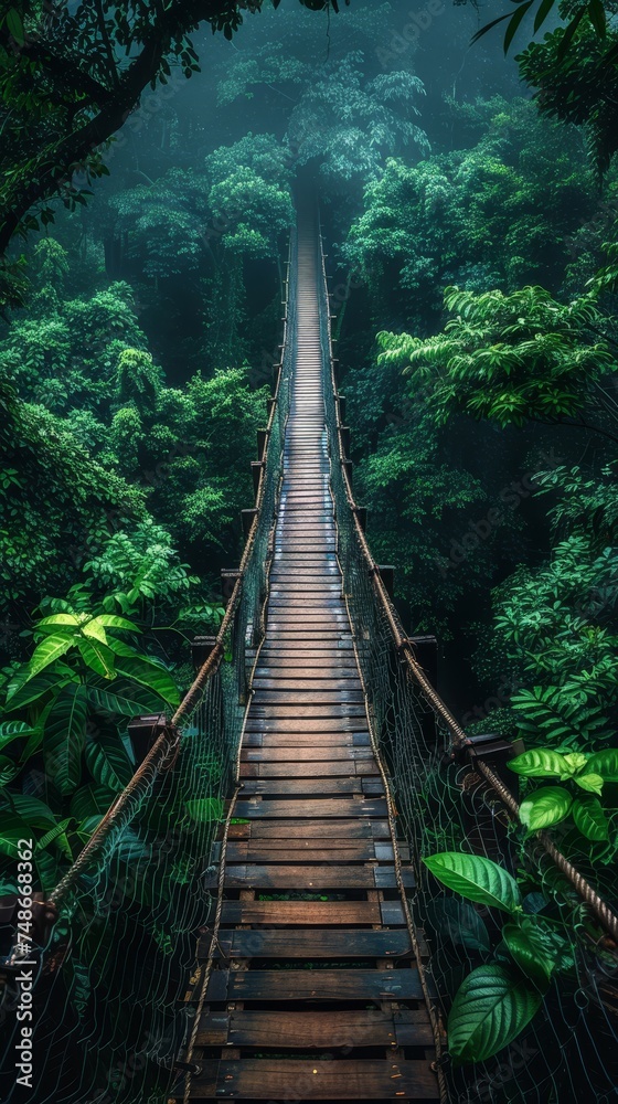 Fototapeta premium Experience eco-tourism with a canopy walkway offering a birds-eye view above the lush rainforest