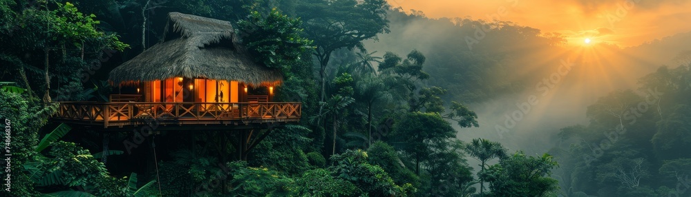 Eco-tourism, treehouse lodge in dense jungle, birds chirping Eco-tourism, treehouse lodge in dense jungle, birds chirping