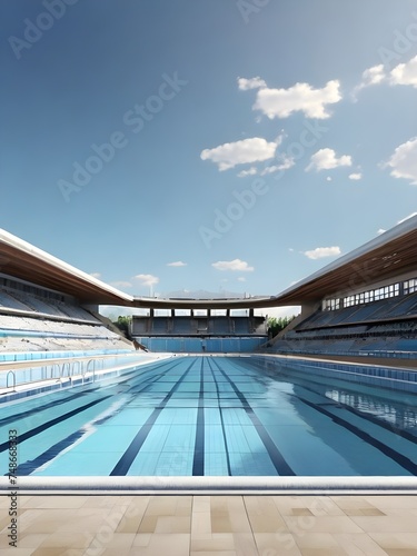 photo realistic of an olympic swimming pool, outdoor, with view of a blue sky, cinematic photography, 8K, HD, realistic render