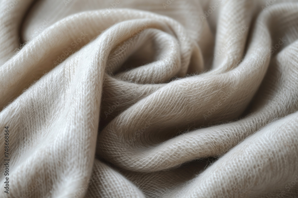 Luxury rolled cashmere scarf of thin wool as background. Beige fluffy knitted fabric crumpled on shop display. Organic material closeup Luxury rolled cashmere scarf of thin wool as background. Beige fluffy knitted fabric crumpled on shop display. Organic material closeup