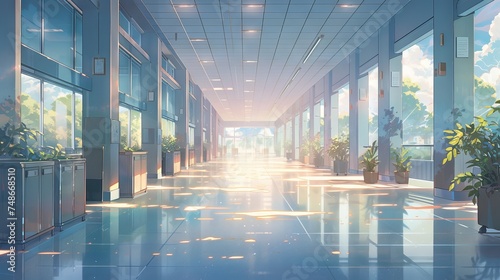 Anime-style illustration of a school hallway in Timelapse, with dramatic lighting and muted colorsheme