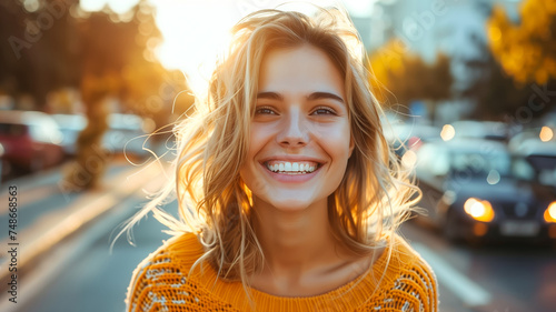 A beautiful young woman happy and smiling in the middle of a city Generative AI Illustration photo
