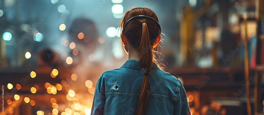 Obraz premium a woman is in an industrial factory producing iron welding metal and the light triggers, portrait from behind