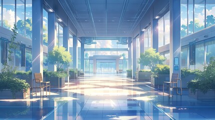 Anime-style illustration of a school hallway in Timelapse, with dramatic lighting and muted colorsheme