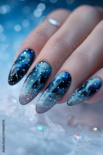 Close up view of a womans hand with manicure with meteor nebula space art design