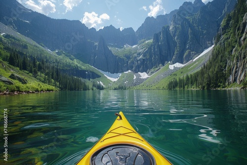 National park, kayaking on crystal-clear mountain lake © Fokasu Art
