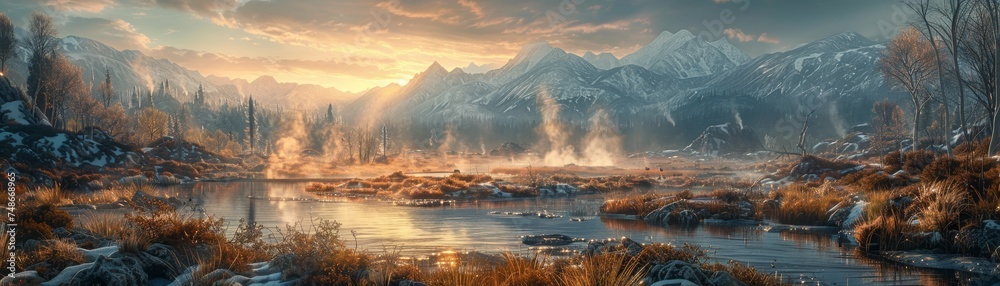 In twilight, geothermal hot springs showcase natural wonder with steam rising gracefully