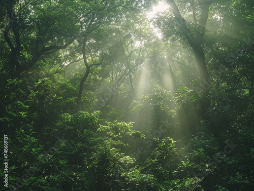 Trekking through the rainforest, the dense green canopy allows sunlight to filter through the leaves © Fokasu Art