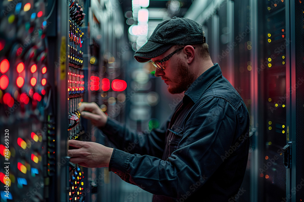 networking engineer, netwokring equiment, electrician at work, servers, server room, IT Administrator, Datacenter, service provider, database, computer server room, data storage, network hub and patch