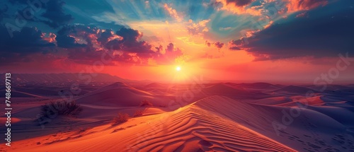 Adventurer on a desert safari, with a dramatic sunset over the dunes