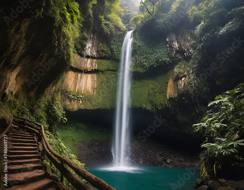 Una cascata nella giungla, lago turchese con camminata a sinistra dell'immagine photo