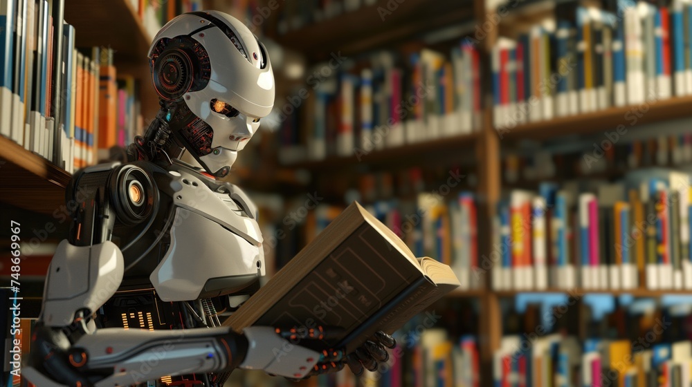Fototapeta premium Cyborg reading thick book and learning his AI language model in sci-fi school in light premises