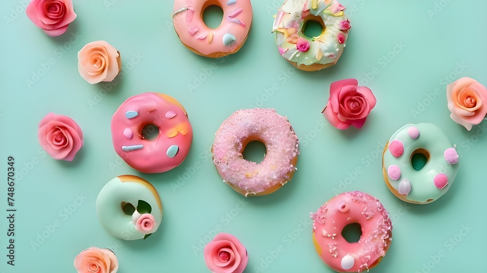 Donuts And Roses On A Pastel Mint Green Backround.Generative AI Donuts And Roses On A Pastel Mint Green Backround.Generative AI
