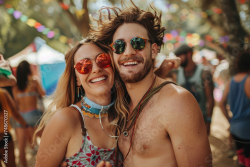 Happy couple having fun at open air music festival
