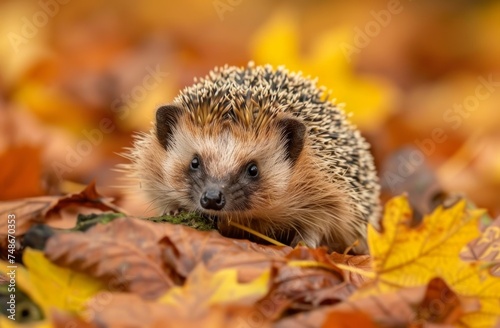 An adorable hedgehog forages through a bed of vibrant autumn leaves, its spiny silhouette a charming contrast to the soft foliage.