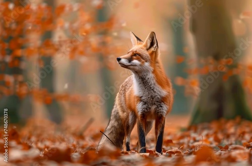 A solitary fox stands alert in a forest of fallen autumn leaves, its fur blending with the warm hues of the season.