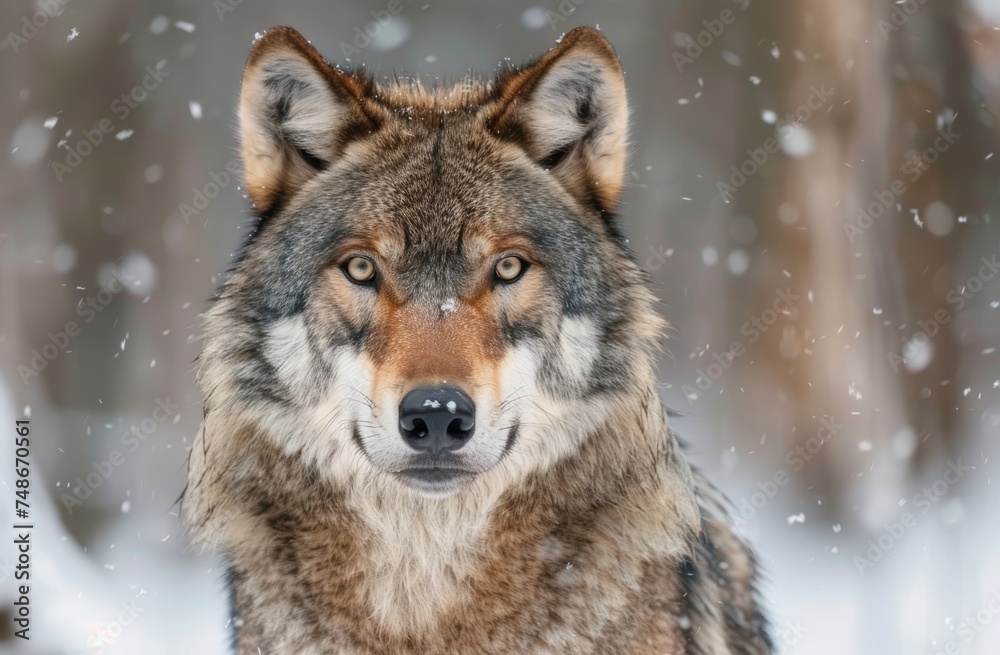 A focused wolf with piercing eyes stands amid gently falling snow, a picture of wild resilience.