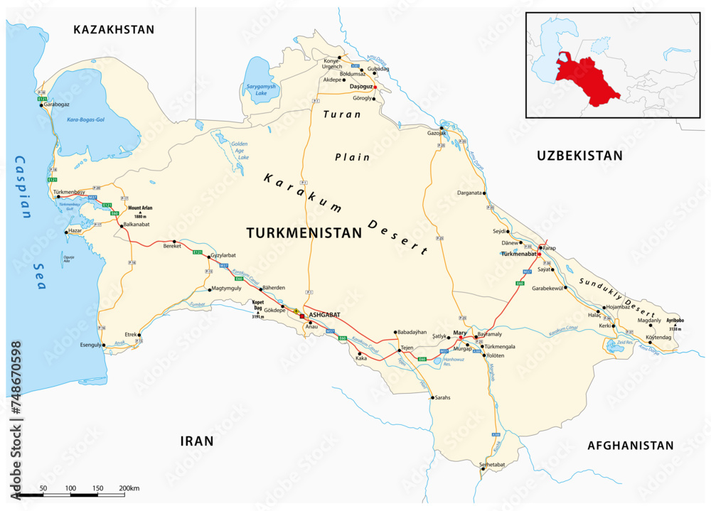 Obraz premium Vector road map of the Central Asian state of Turkmenistan