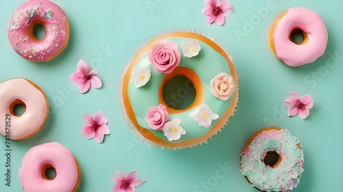 Pink Donuts Decorated With Pink Icing And Flowers On A Mint Green Background.Generative AI