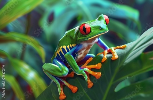 A red-eyed tree frog perched on a leaf  its vivid colors contrasting with the lush greenery.