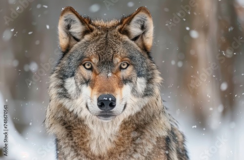 A focused wolf with piercing eyes stands amid gently falling snow  a picture of wild resilience.