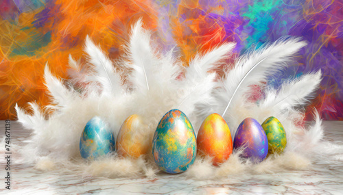 Abstrakcyjne tło wielkanocne, kolorowe jajka pisanki i piórka