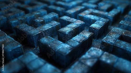 Blue maze of cubes, textured, intricate patterns, glowing edges, digital 3D render, abstract, detailed, futuristic, geometric, cool tones