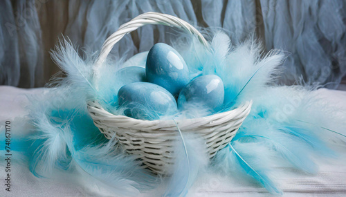 Stroik wielkanocny, niebieskie jajka w koszyku