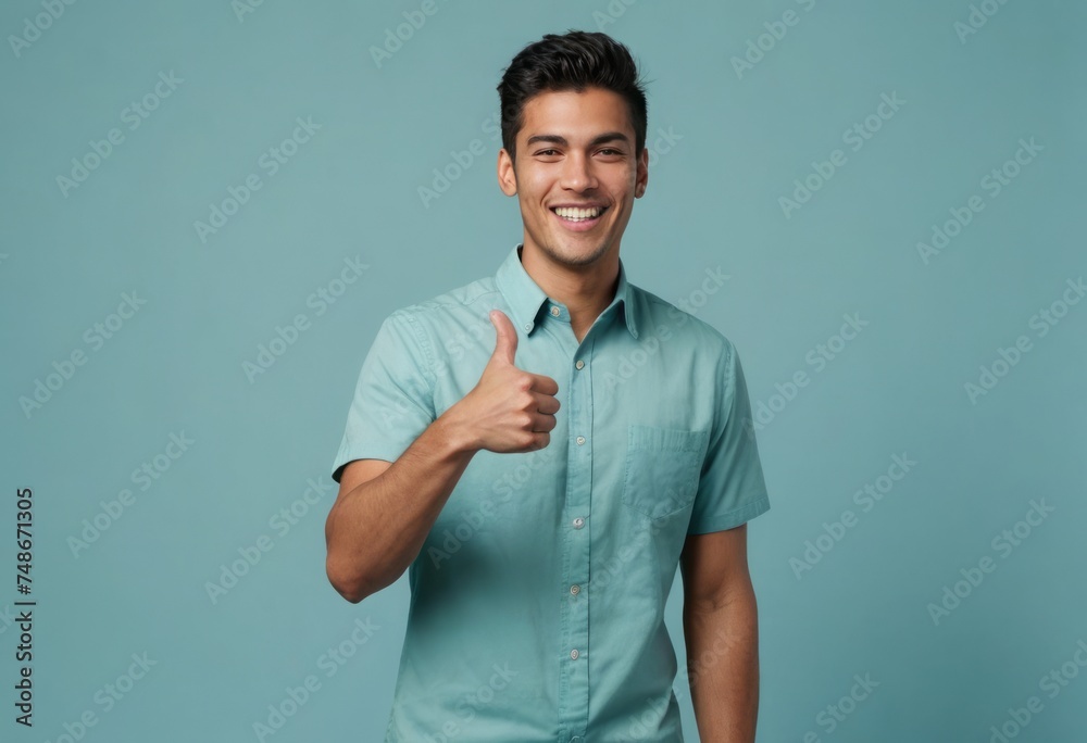 Young man in light blue shirt with a beaming smile giving a thumbs up. Blue background. Young man in light blue shirt with a beaming smile giving a thumbs up. Blue background.