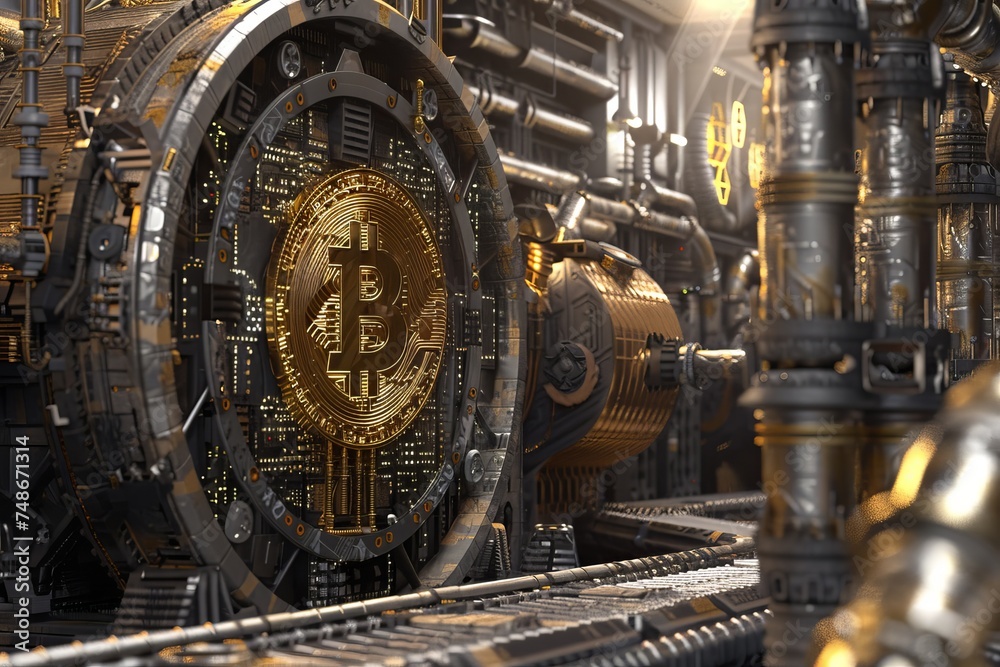 all time high of bitcoin price is coming right after the halving process, old factory machinery producing coins, big safe deposit doors all time high of bitcoin price is coming right after the halving process, old factory machinery producing coins, big safe deposit doors