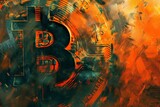 all time high of bitcoin price is coming right after the halving process, abstract background of dystopic future city with big bitcoin sign in the front